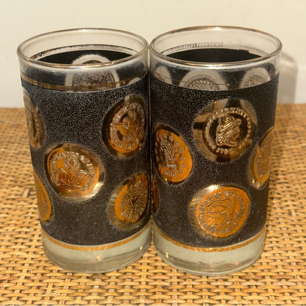 Vintage Libbey Gold Coin Black Textured MCM Set Of 2 Highball Glasses 5.5” Decor